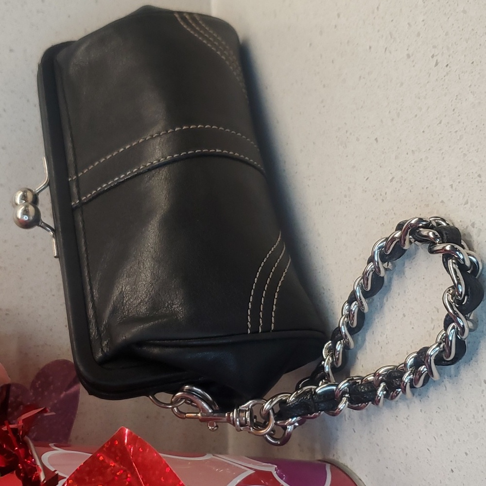 Coach Black Leather Wristlet with Silver Chain
